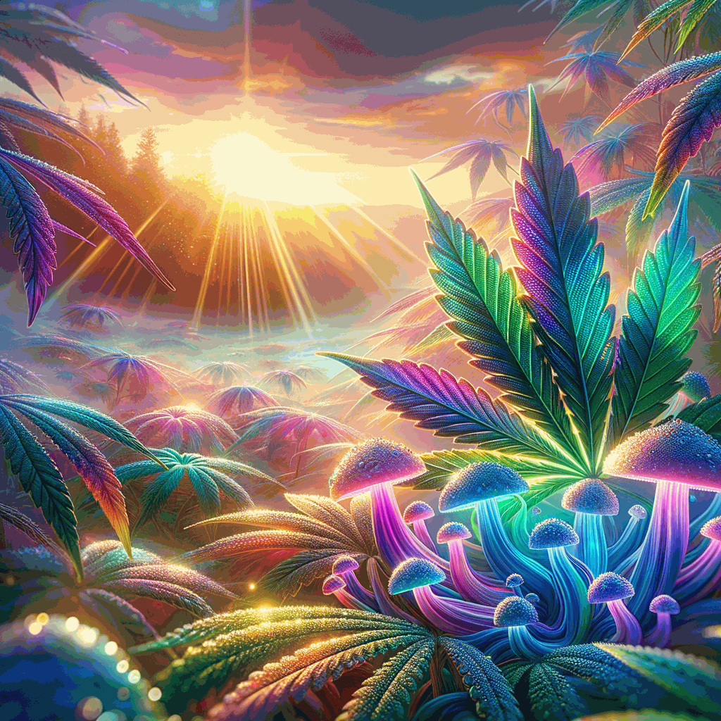 Фотореалістичний пейзаж із яскравими листками канабісу, що символізують зцілення при розладах харчування
