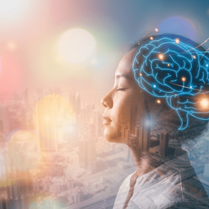 Ілюстрація зв’язку мозку, когнітивних функцій і нейропсихології: профіль жінки з цифровою схемою мозку.