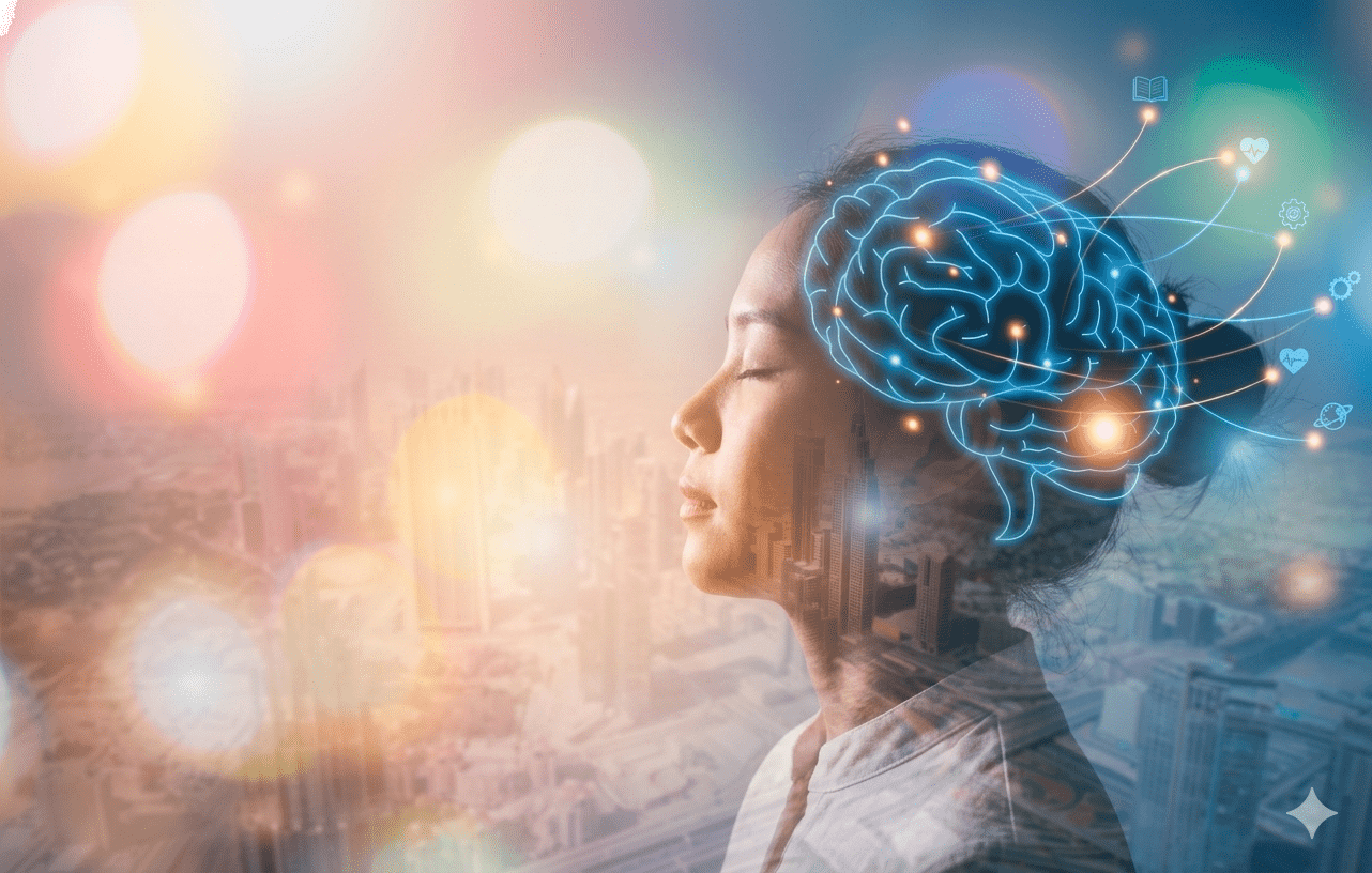 Ілюстрація зв’язку мозку, когнітивних функцій і нейропсихології: профіль жінки з цифровою схемою мозку.